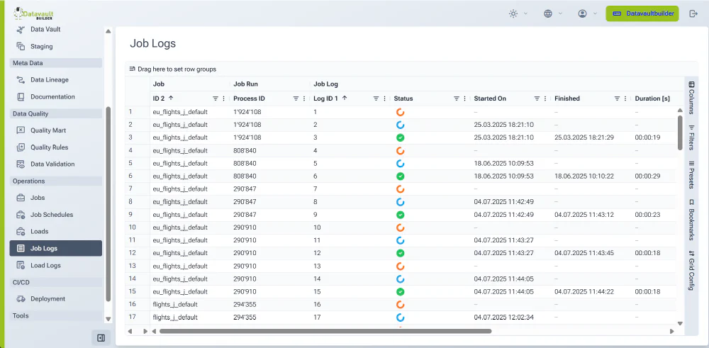 Job execution logs in Datavault Builder