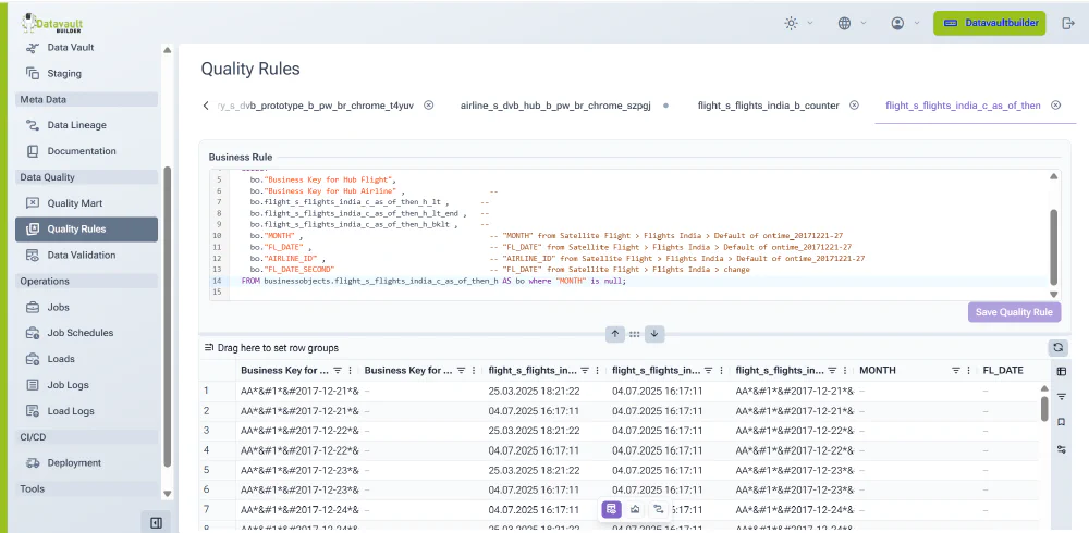 Business rule SQL editor in Datavault Builder